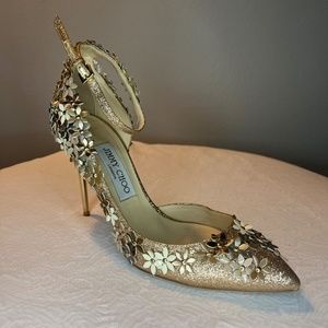 Jimmy Choo Lorelei Gold Glitter Floral Embellished Heels